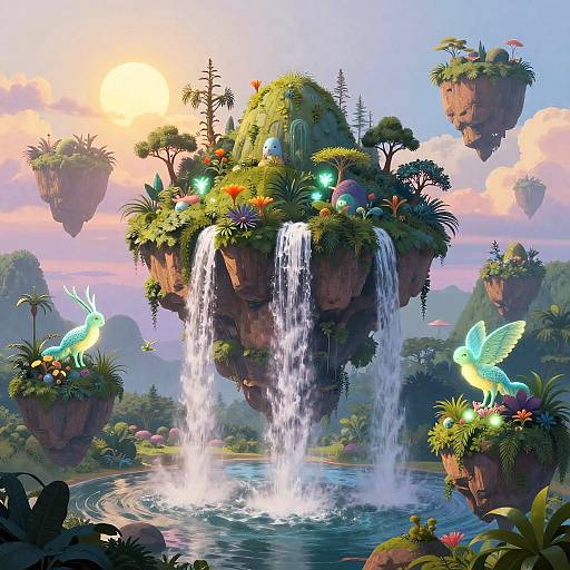 Digital fantasy artwork of floating islands with lush greenery, cascading waterfalls, glowing butterflies, colorful flowers, and a serene sunset sky.