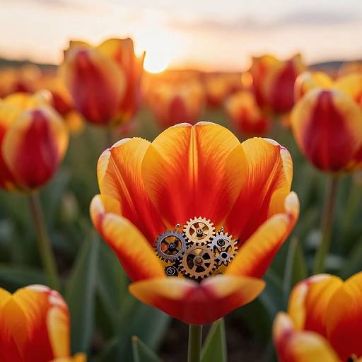 Photograph of a vivid orange tulip with intricate brass gears in its center, surrounded by more tulips at sunset.