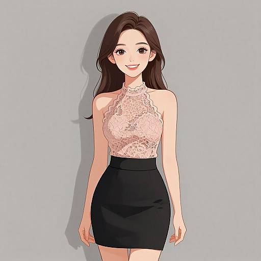 Digital anime-style drawing of a smiling Asian woman with long brown hair, wearing a white lace halter top and black high-waisted skirt, standing