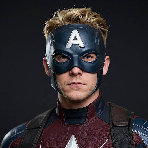 Photograph of a blonde, fair-skinned man in a black superhero mask with a white 