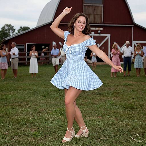 Joyful Woman Dancing in Gingham Dress
