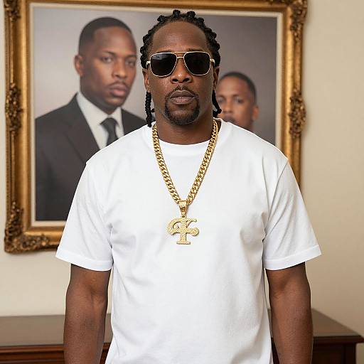 Photograph of a black man with braided hair, sunglasses, white t-shirt, gold chain, standing in front of a framed portrait.