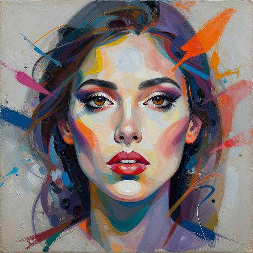 Digital painting of a striking woman with vibrant colors, bold red lips, dark eyes, and abstract splashes of blue, orange, and pink.