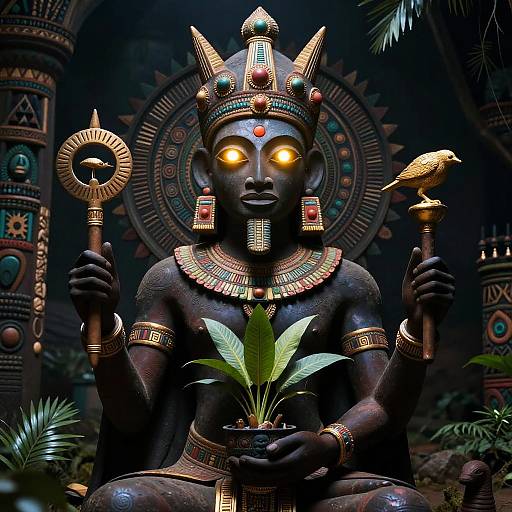 Photograph of a dark bronze statue of a deity with glowing yellow eyes, adorned with ornate jewelry, holding a staff and plant, with a bird