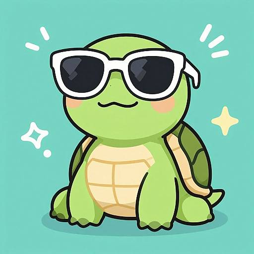 Cute digital drawing of a green cartoon turtle with large white sunglasses, blushing cheeks, and a yellow shell, set against a bright blue background.
