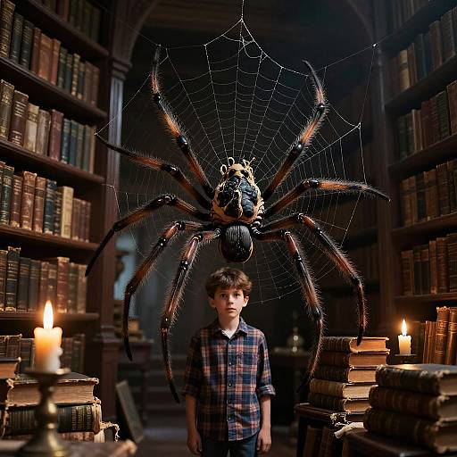 Giant Spider and Boy in Library