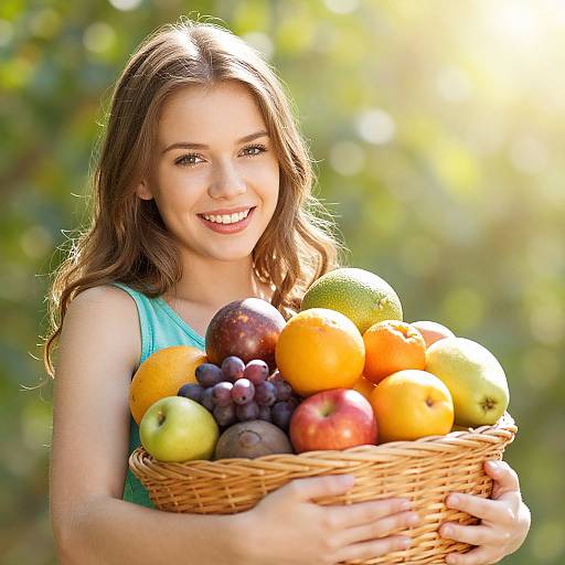Joyful Woman with Exotic Fruit Basket