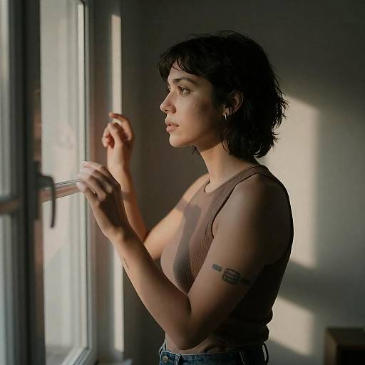 Woman Looking Through Window in Soft Light