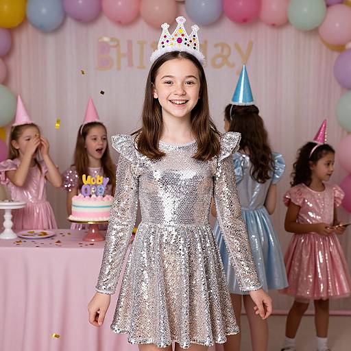 Photograph of a smiling young girl in a silver sequin dress and tiara, surrounded by four other girls in pastel dresses and hats, at