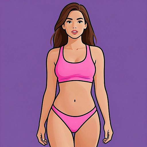 Digital drawing of a confident woman with long brown hair, wearing a pink sports bra and matching panties, standing against a solid purple background.