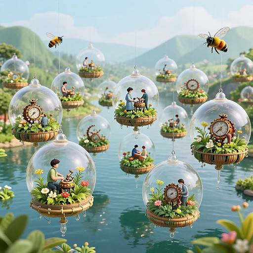 Photograph of whimsical, glass-bubbled gardens with miniature people, flowers, and clocks floating on a serene, mountainous river, accompanied by
