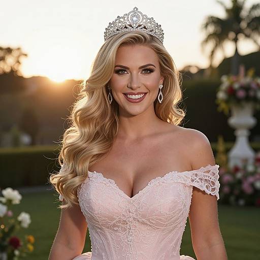Photograph of a smiling blonde bride with wavy hair, wearing a lace off-shoulder white wedding dress, silver tiara, and dangling earrings