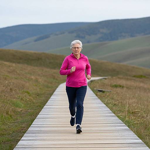 Photograph of an elderly woman with short gray hair, wearing a pink hoodie and black pants, running on a wooden path through a grassy, mountain