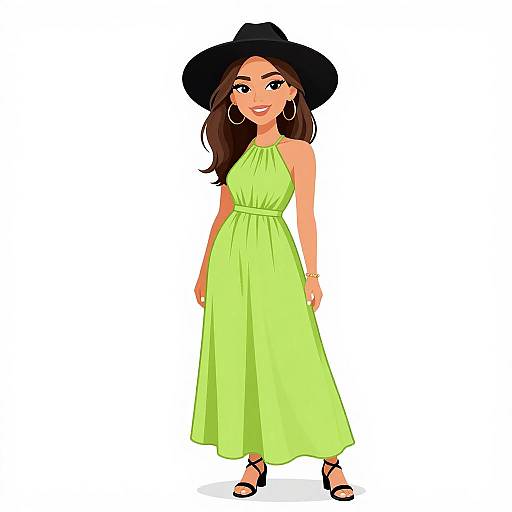Cartoon-style digital drawing of a smiling woman with long brown hair, black wide-brim hat, large hoop earrings, sleeveless lime green dress,