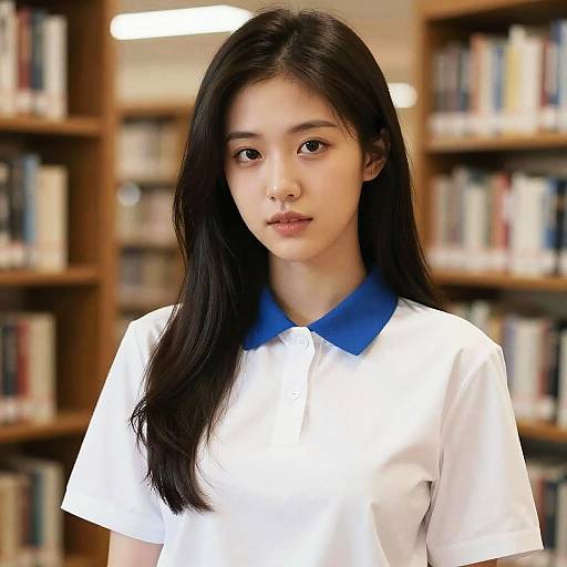 Photograph of an Asian woman with long black hair, wearing a white shirt with a blue collar, standing in a library with blurred bookshelves in