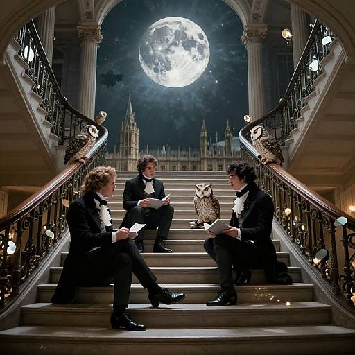 Photorealistic digital artwork: Three elegantly dressed men sit on grand staircase under full moon, ornate cityscape, and intricate railings, with