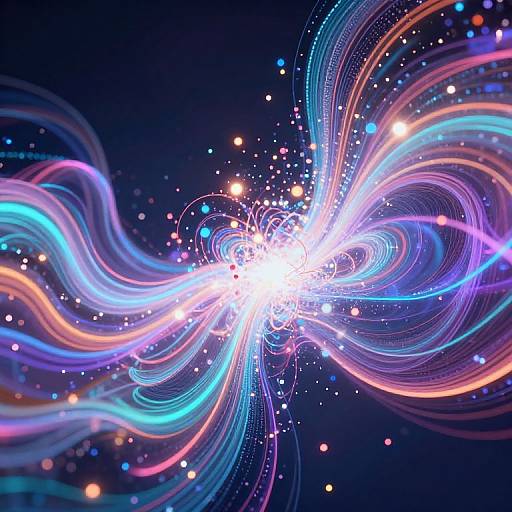 Digital artwork of a bright, swirling vortex with neon blue, pink, and purple light trails, surrounded by sparkling stars in a dark, cosmic background.