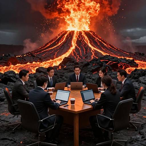 Photograph of six business professionals in suits, seated around a wooden table with laptops, in front of a erupting volcano.