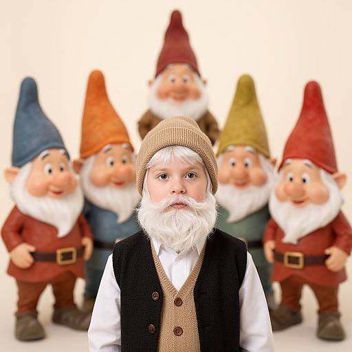 Photograph of a white-bearded gnome in a brown hat and black vest, with five blurred colorful gnomes in the background.