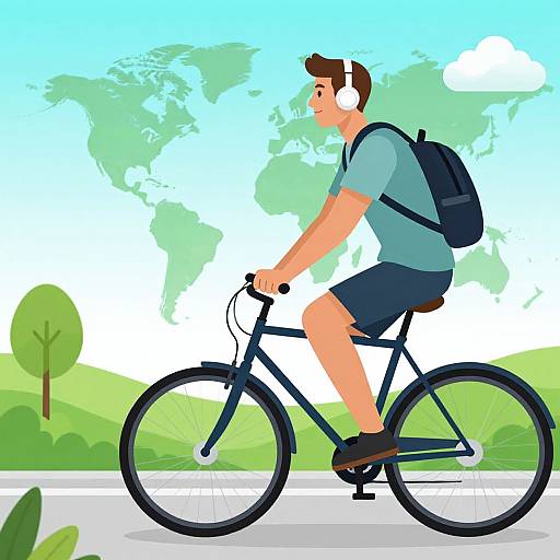 Young Man Cycling with Headphones and Backpack