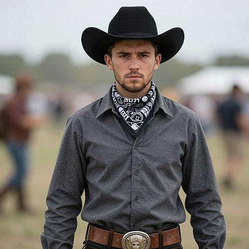Photograph of a serious-looking man in a black cowboy hat, gray shirt, black bandana, and brown belt, standing outdoors with blurred background.