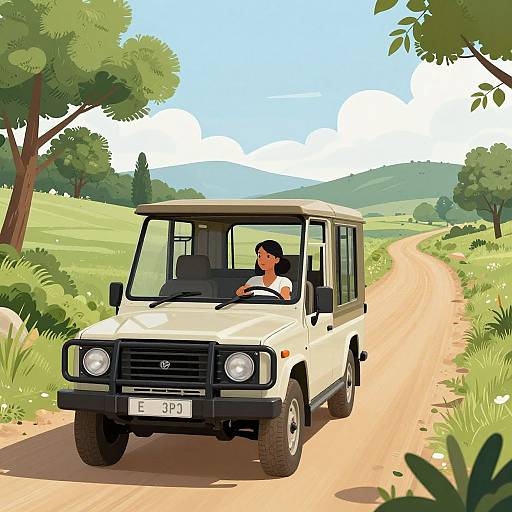 Digital illustration of a white Jeep driving on a dirt road through a lush, green, tree-lined countryside under a bright blue sky. A driver with short