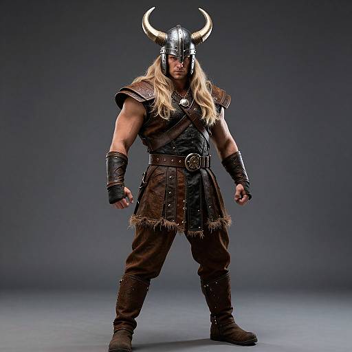 Photograph of a muscular Viking warrior with long blonde hair, black metal helmet with horns, dark leather armor, and brown fur-trimmed pants,