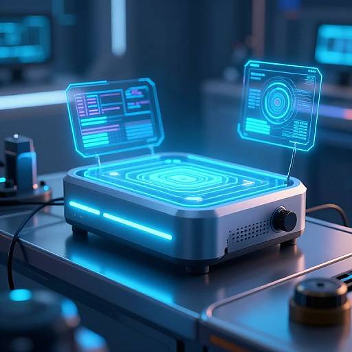 Photograph of futuristic, glowing blue holographic interface on a metallic, rectangular device with illuminated lines and screens, in a dark, high-tech lab.