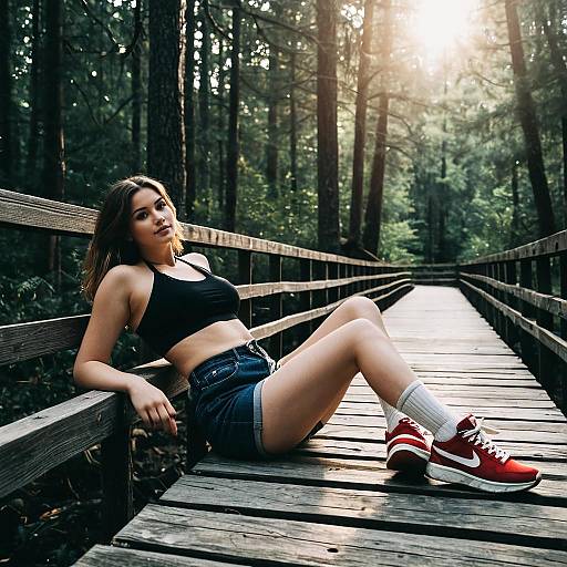 Young Woman Relaxing on Forest Boardwalk