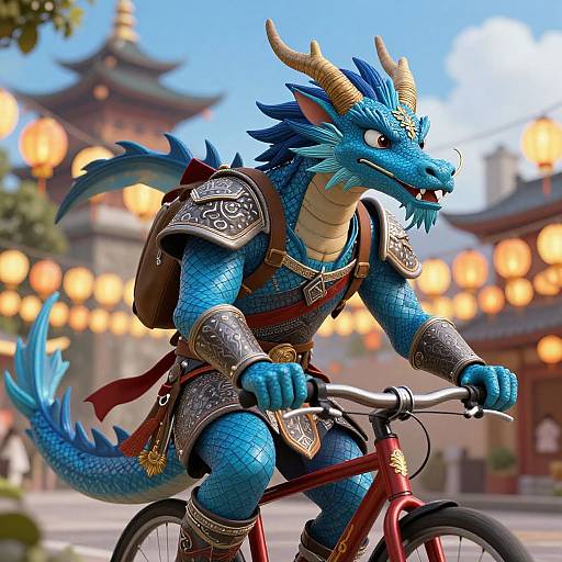 Digital art of a blue, armored dragon riding a red bicycle in a vibrant, lantern-lit Asian village at sunset.