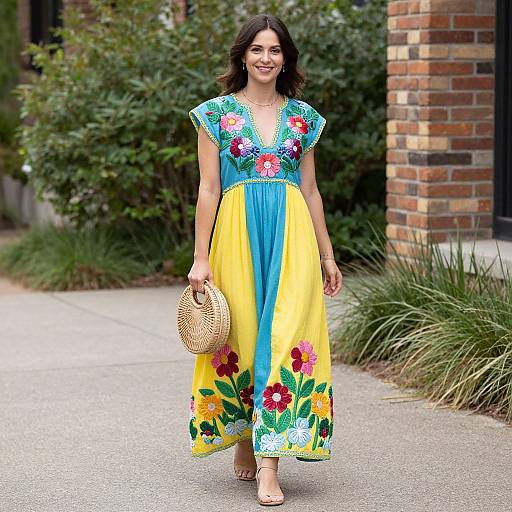 Photograph of a smiling woman with dark hair in a vibrant, floral-embroidered blue and yellow dress, holding a wicker purse, walking