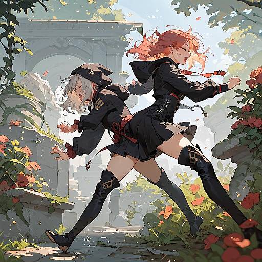 Anime Girl Running at Night in Garden