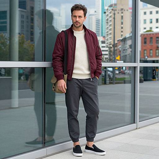 Photograph of a bearded man with short brown hair, wearing a maroon jacket, white knit shirt, black pants, and black sneakers, standing