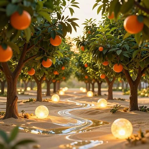 Photograph of an orange grove at sunset, featuring glowing orbs along a winding stream, surrounded by orange trees with ripe fruit.