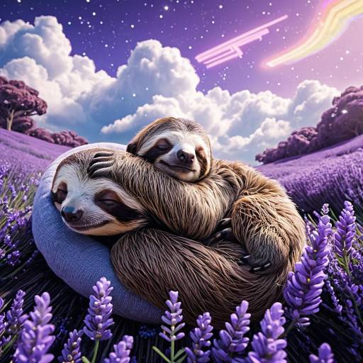 Two Sloths Sleeping Among Lavender Flowers