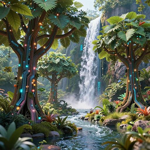 Digital artwork of a futuristic, lush jungle with glowing, bioluminescent trees, colorful lights, and a cascading waterfall in the background.