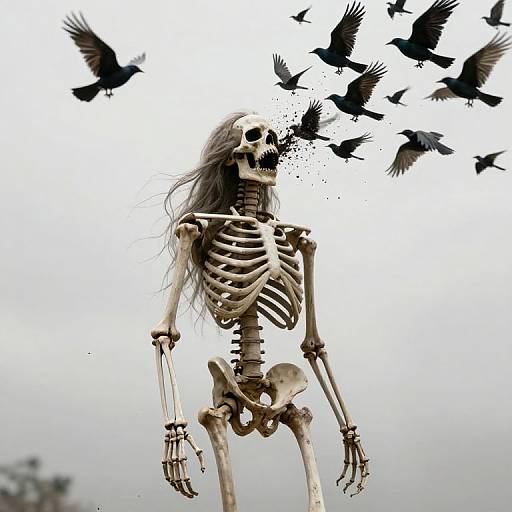 Photograph of a skeletal figure with long hair, surrounded by black crows, set against a cloudy sky. Skeleton's bones are detailed, with c
