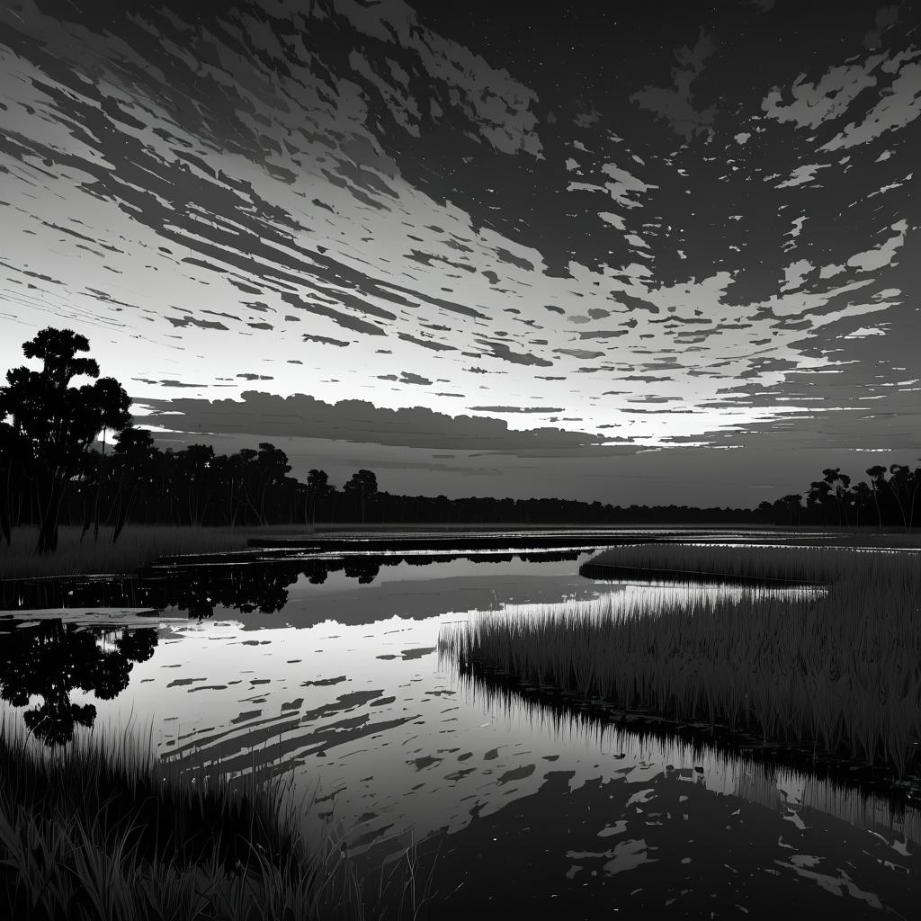 Serene Greyscale Marshy Delta Landscape