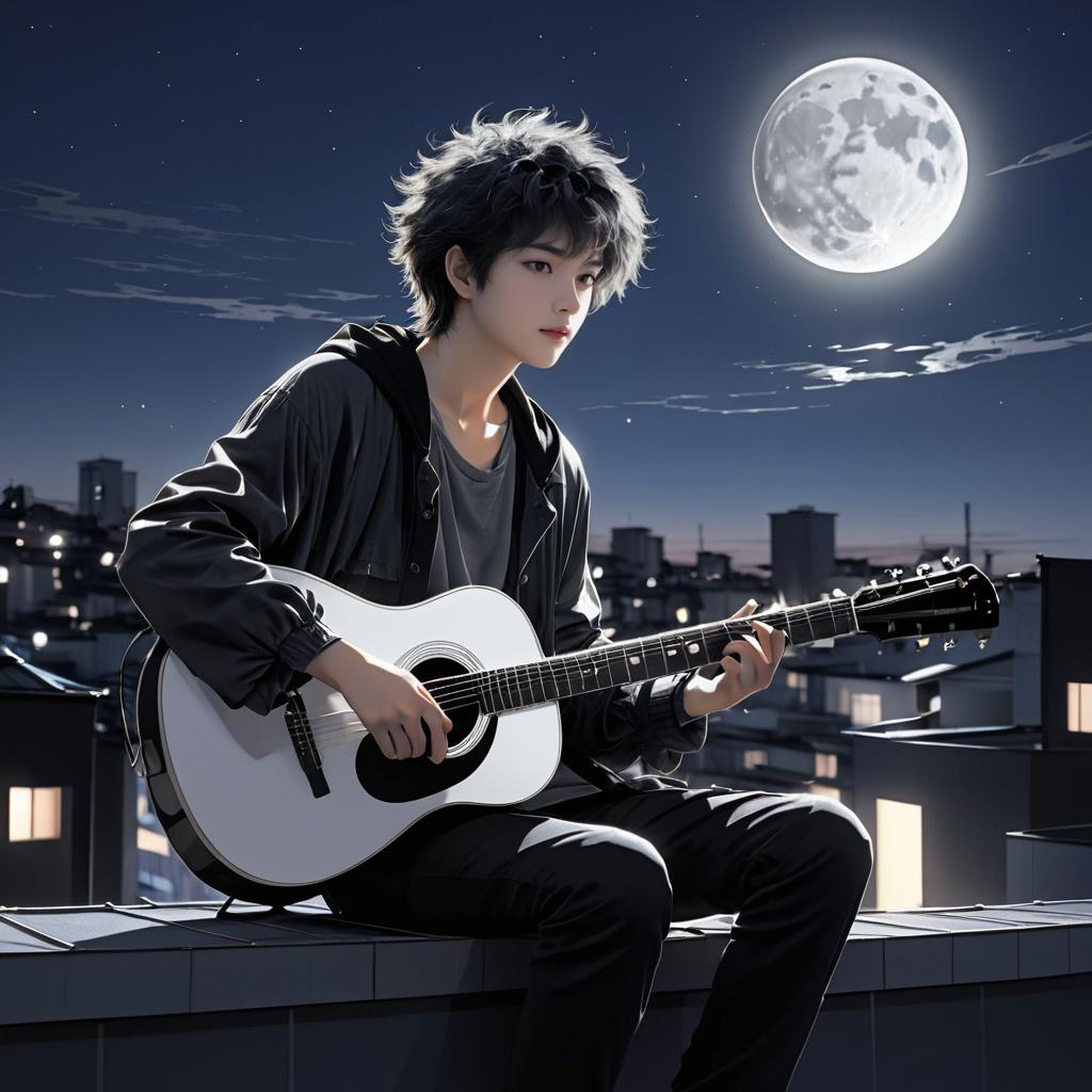 Moonlit Rooftop: A Reflective Guitarist