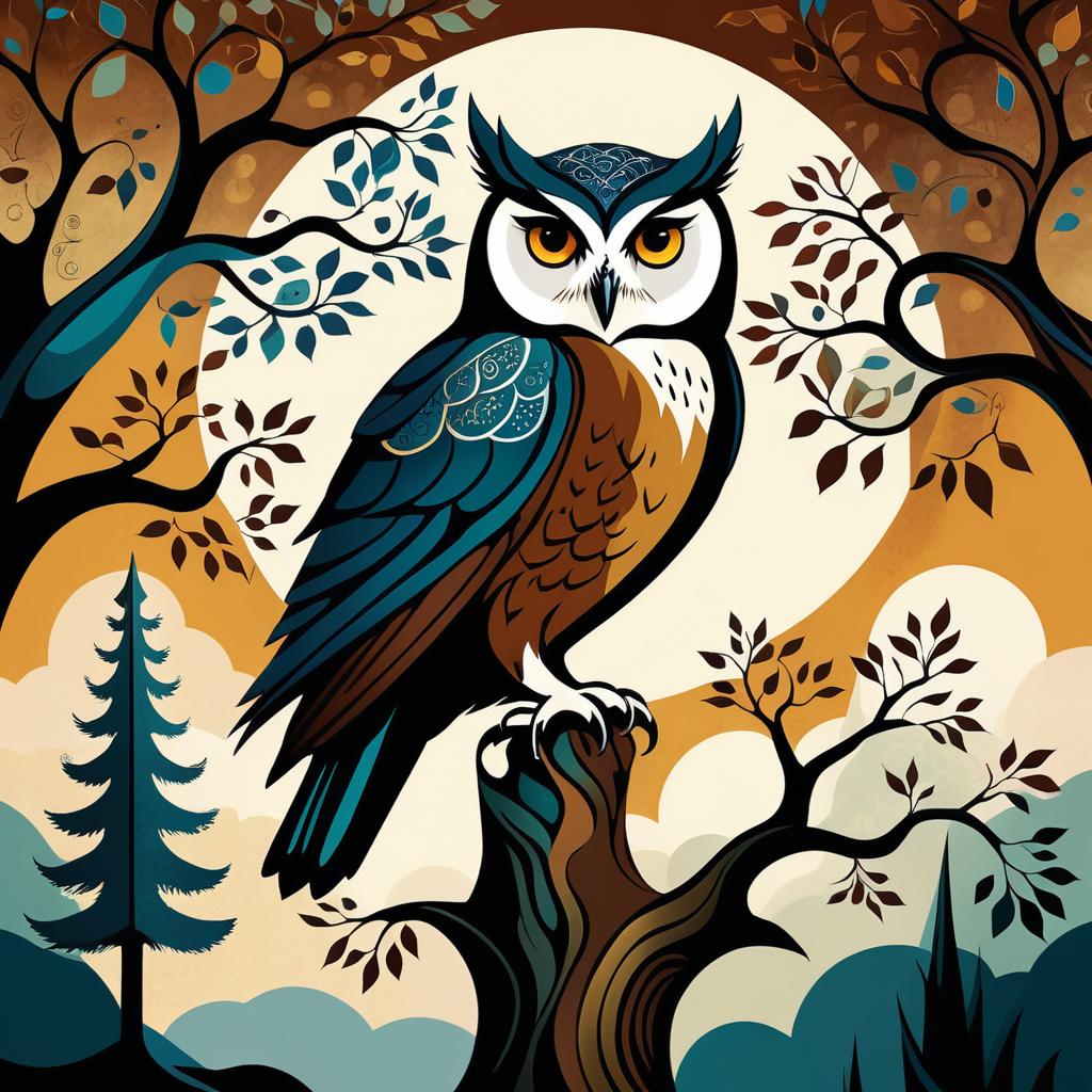 Wise Owl in Chagall Style Illustration