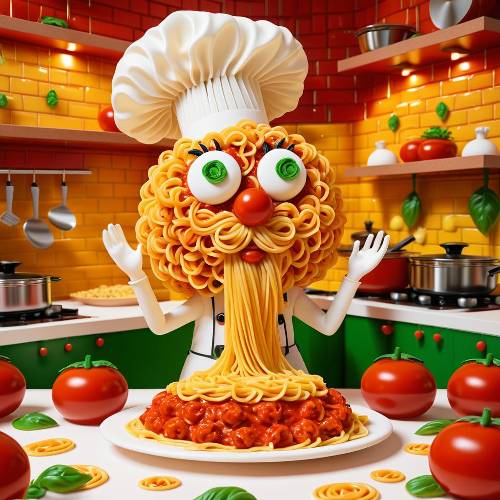 Whimsical Pasta Character in Italian Kitchen