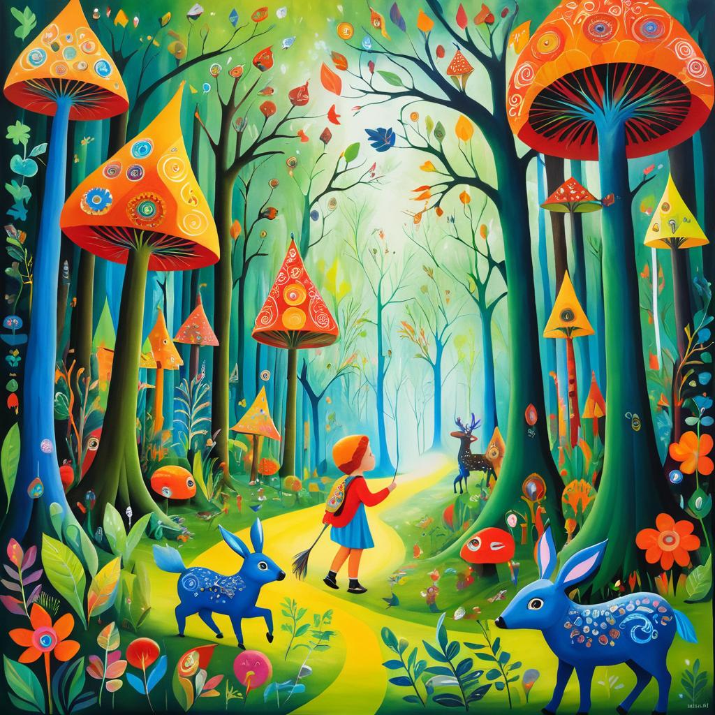 Imaginative Forest Adventure in Folk Art