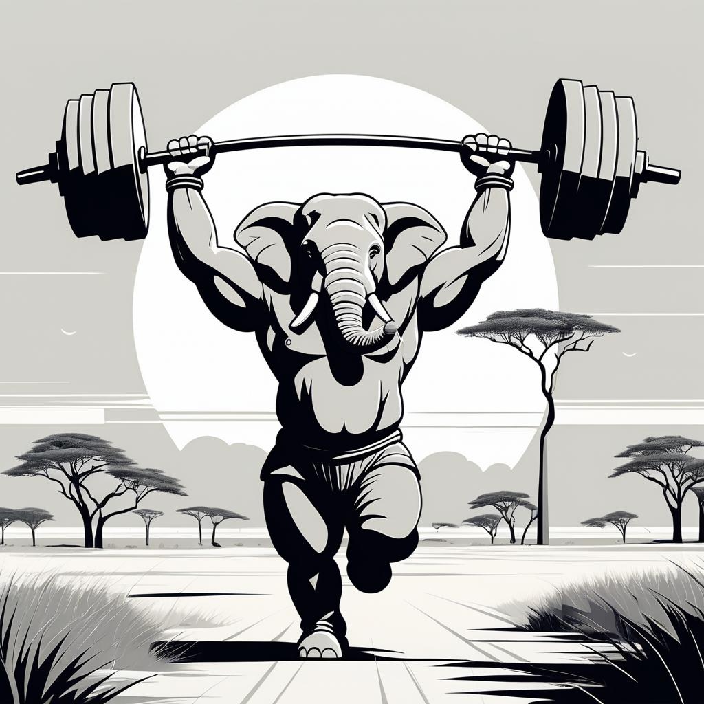 Muscular Elephant Lifting Barbell in Savanna