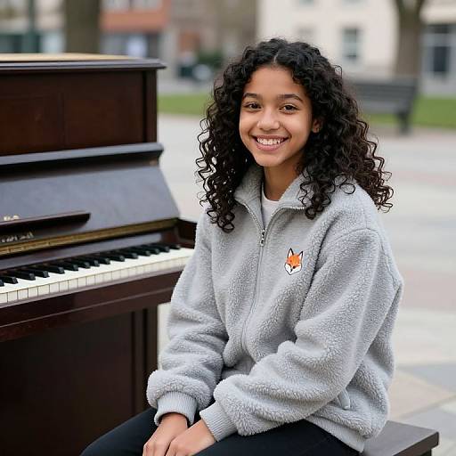 Photograph of smiling young woman with curly black hair, light brown skin, wearing a gray fleece jacket, seated at a dark wooden piano outdoors.