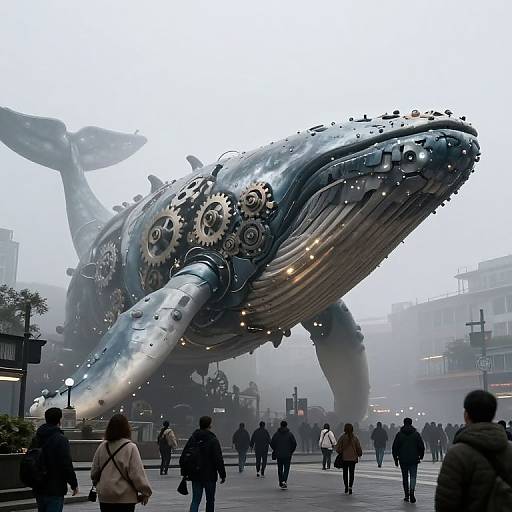 Photograph of a large, metallic blue whale sculpture with gears, standing in a foggy urban plaza, surrounded by people in winter clothing.