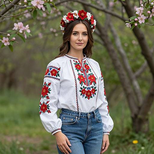 Photograph of a young woman with fair skin, dark brown hair, wearing a floral headband, white embroidered blouse, and blue jeans, standing in
