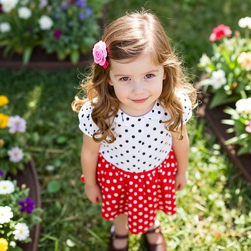 Photograph of a young girl with wavy brown hair, pink flower hairclip, white polka dot top, red polka dot skirt, standing