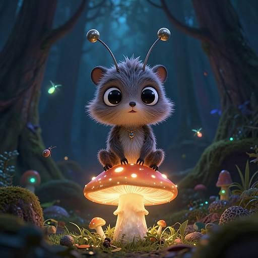 Cute, cartoon-style, digital illustration of a fluffy, antennae-adorned creature sitting on a glowing mushroom in a dark, enchanted forest with