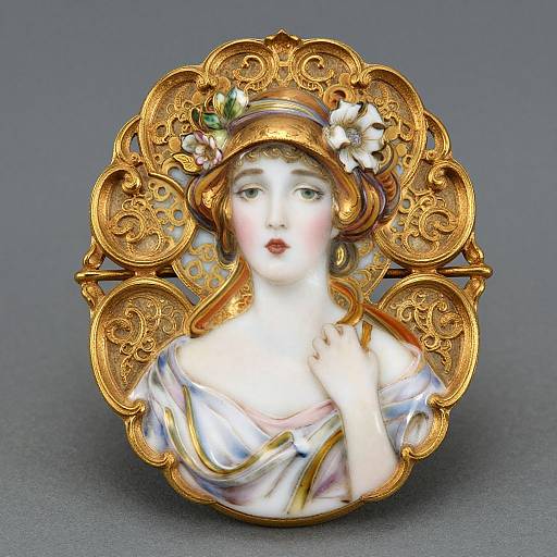 Art Nouveau Gold Porcelain Brooch