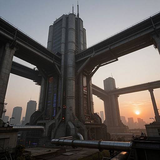 Photograph of a futuristic cityscape at sunset, featuring towering, industrial skyscrapers with intersecting elevated train tracks and a hazy skyline.
